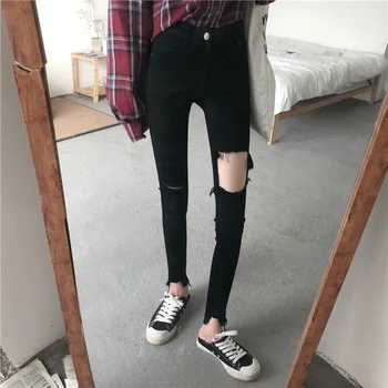 2020 jeseni korejskem slogu ženski črni gleženj-dolžina hlače gumb letenje jeans za ženske z velikimi luknjami hlač 79923
