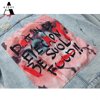 Mens Traper Jopiči Ulične Grafiti Hip Hop Rap Pohaban Luknjo Priložnostne Mozaik Raztrgala Stiski Punk Rock Kavbojke Coats Outwear 101133