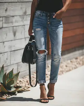 2020 Visoko Pasu Vintage Oprana Vrstico Gumb Design Luknje Jeans Za ženske Celotno Dolžino Svinčnika, Hlače Poletje Modni Jeans 101145