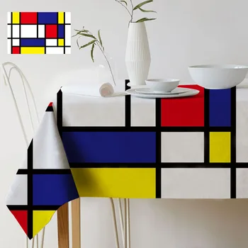Geometrijske Barve Art Mondrian Kariran Vzorec Dekor Slog Nepremočljiva Perilo Namiznih Prtov Home Gallery Mizi Prt Dekorativni 105958