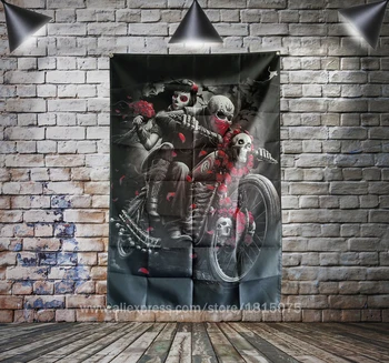 Lobanja Tatoo Motocikel Biker Vrtnice Zastava Banner Seksi dama Lepoto Umetnosti Doma Okraski Visi 4 Gromments v Vogalih 3*5 M 106692