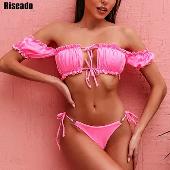 Riseado Ruffle Bikini Komplet Pletene Kopalke Off Ramenski Kopalke Ženske Tie-pas Plaža Obrabe, Trdna Biquini 2021 kopalke