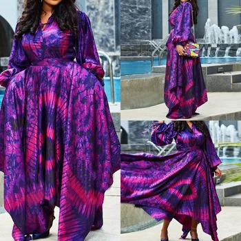 Moda Vijolična Luč Rokavi Ženske obleke Plus Velikost Tiskanja Svoboden Lady je Visoko Pasu Sashes Proti-vrat Nezakonitih Obleke Najnovejši