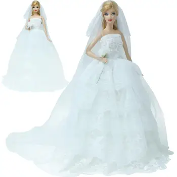 Ročno Bele Poročne Obleke Princess Off ramenski Zadnjo Obleko + Čipke Tančico Obleko za Barbie Lutka Hiša Pribor Dekle Igrača