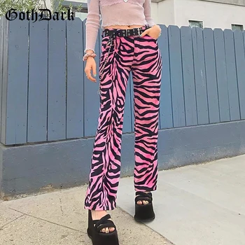 Goth Temno Letnik Harajuku Gothic Hlače 90. letih E-dekle Svoboden Noge Moda Zebra Natisnjeni Roza Hlače Hip Hop Ženske Joggers Oblačila 116287