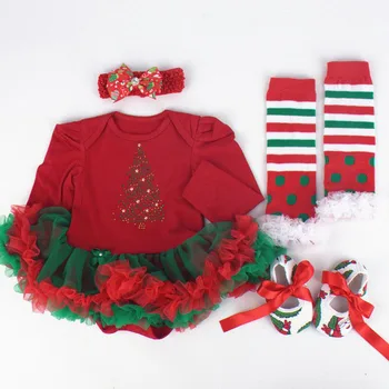2020 Božič Baby Girl Obleke Newborn Baby Romper Tutu Obleko+glavo,+čevlji+dokolenke 4pcs/set Baby Dekle Oblačila Sklop