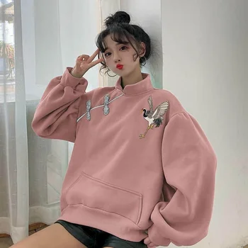 Ženske majica Kitajski slog sponke vezenje plus žamet zadebelitev stand-up ovratnik capless dolgo sleeved hoodies retro femal 119921