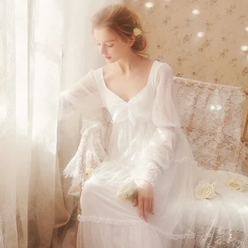 Brezplačna Dostava 2019 Nova Princesa Bela in Roza Dolgo Pižame Čipke Nightgown Žensk Modal Sleepwear Ženske pijamas femininos 120109