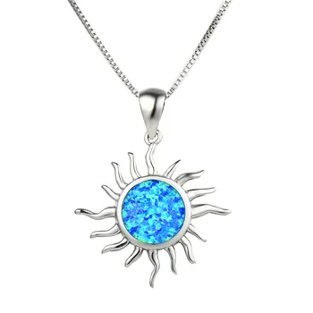 Bela Modra Opal Sonce Obesek Ogrlice za Ženske Poročni Nakit Vintage Moda 925 Sterling Srebro Krog Birthstone Ogrlica