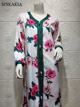Siskakia Jalabiat Elegantne Bele Vrtnice Natisni Trak V Vratu Dolgimi Rokavi, Oblačila Hidžab Obleka Ženske Dubaj Arabski Turčija, Muslimani Jalabiya 2020