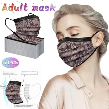 50pcs Razpoložljivi Čipke Usta Masko Non-woven 3-slojni Filter za Masko Natisnjeni Roza Črni Prah Dokaz Odraslih Usta Maske Masque