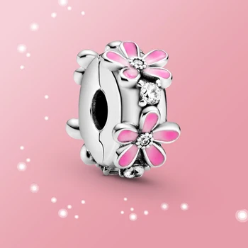 Vroče Prodaje čar roza emajl cvet sponke za izvirno Srebrno zapestnico bangle 925 Sterling srebrni nakit Za Ženske