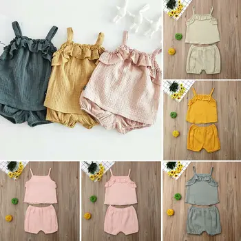 Newborn Baby Dekle Poletnih Oblačil Barva Ruffle Telovnik Vrhovi+Kratke Hlače 2pcs Obleke Sunsuit Set