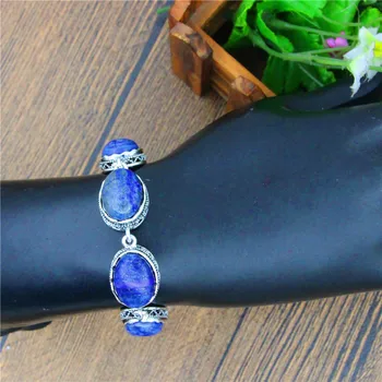 Naravni Ovalne Lapis Lazuli Zapestnica Za Ženske Letnik Antique Silver Plated Roža Obesek Modni Nakit Stranka Darilo TB276