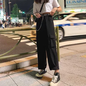 NiceMix Črna Visok Pas Širok Noge Tovora Hlače Ženske Žepi Svoboden Ulične Korejski Pantalon 2020 Moda Hip Hop Femme Hlače