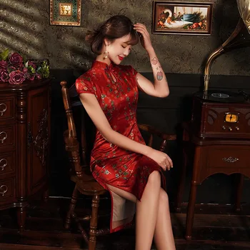 Nova Rdeča Rajon Kratek Kitajske Tradicionalne Ženske Qipao Letnik Orientalske Ženske Cheongsam Novost Kitajski Formalno Obleko S - 5XL