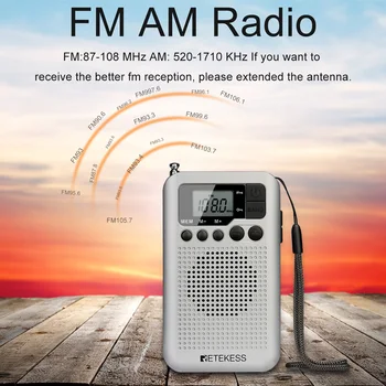 Retekess TR106 Silver Prenosni FM AM Radio z LCD Zaslonom Digitalno Iskanje Zvočnika Vtičnica za Slušalke in Podporo Ura Funkcija 140813