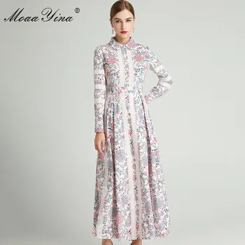 MoaaYina Modni Oblikovalec obleko Pomlad Jesen Žensk Obleko z Dolgimi rokavi Čipke Cvjetnim Natisni Slim Elegantne Obleke 143302
