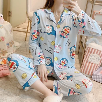 Tonngirls Dekleta Pižame Nastavite Srčkan Pomlad Prosti Čas Sleepwear Za Ženske Risanka Natisnjeni More Homewear Doraemon Obleko Pižame 1449