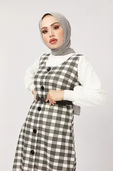 Ženske, Dolg Rokav Obleka sive obavijen kariran velik vzorec velikosti Bombaž Hidžab Muslimanskih Moda 2021 Zima Poletje Turčija Priložnostne Obrabe