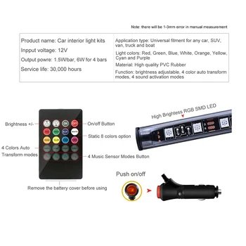 4pcs Avto Stopala RGB LED Trakovi Notranje zadeve Vzdušje Okoljske Svetlobe Z USB vtičnico za Vžigalnik Glasbo, Aplikacije Bluetooth Nadzor