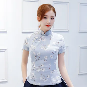 Modna Ženska Majica Letnik Kitajski slog Vrhovi Mandarin Ovratnik Bluzo Lady Oblačila cheongsam Kratek Qipao Cvetje S-XXXL