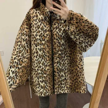 Vintage Svoboden Elegantna Jopico Reverzibilna Leopard Tiskanja Jakna Iz Enega Kosa Koreja Lady Plašč 2020 Moda Nove Jesensko Zimske Ženske Plašč 15945