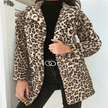ženske pozimi toplo leopard faux kotlovec suknjič nov modni high street ženski dolgo velet runo outwear plašč 16194