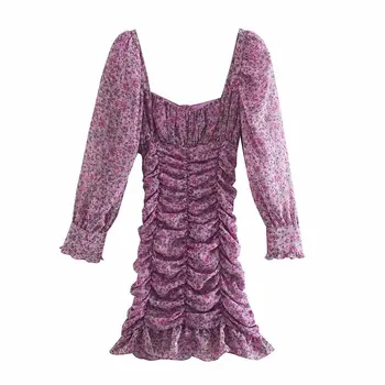 Jeseni novo cvetlični naguban purple dress vintage božič seksi zaraing-slog za leto 2020 ženske sheining vadiming stranka obleko N1670 163738