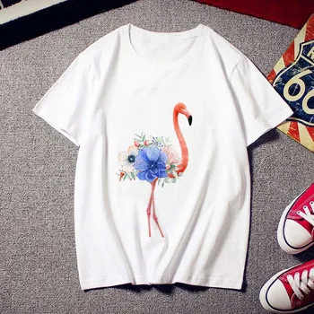 Lus Los Pink Flamingo Natisnjeni Ženske Harajuku Priložnostne Moda Tshirt O-vratu Beli Vrhovi Ženska Oblačila Kratek Rokav T-shirt dekle 16508