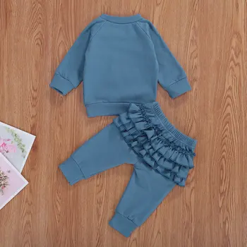 Newborn Baby Girl Obleke Najnovejši Shirt Obleko Hlače Mavrica Natisnjeni O-Vratu Dolg Rokav Čipke-up Večplastna Ruffle 2Pcs Obleke Oblačila