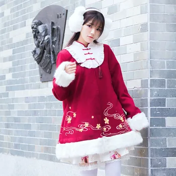 Kitajski slog han element jeseni, pozimi sweet lolita plašč češnje cvetovi žaba boeknot stojalo študent suknji kawaii dekle plašč 167682