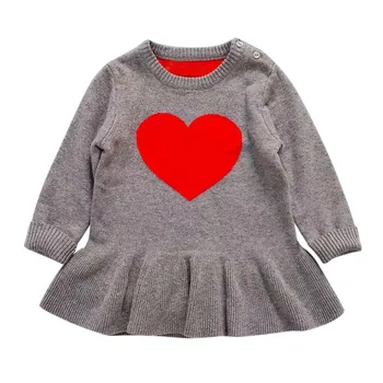 Za malčke Baby Otroci, Dekleta Obleke z Dolgimi Rokavi Plesti Srce, ki Tiskanja Ruffle Obleka Princess Oblačenja Baby Valentinovo Oblačila 18 M-4Y 169158