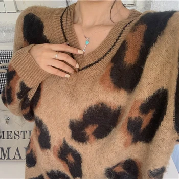 Zoki Pulover Ženske, Leopard Pulover Seksi V Vratu, Ohlapno Chic Vintage Plesti Džemper Pozimi Toplo Dolg Rokav Priložnostne Prevelik Plašč 2020
