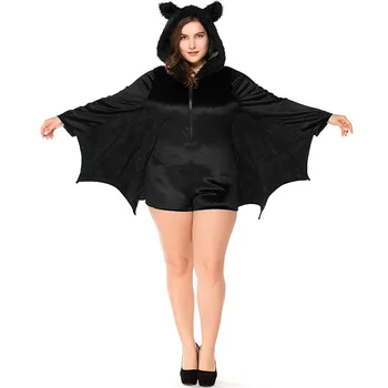 Umorden Žensk Black Bat Vampiress Kostum Cosplay Plus Velikost XXXL Krznen Hooded Jumpsuit Fantasia Halloween Kostume, Purim