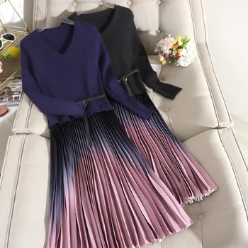 Elegantno Gradient Pletene obleke ženska stranka noč Moda Mozaik Naguban Pulover Obleko z Dolgimi Rokavi Visoko Pasu vestidos Mw975