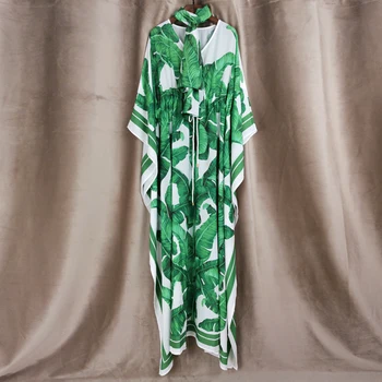 Plus Velikost Jeseni Nove Ženske Priložnostne Stranka Darkice Zelenih Listov Tiskanje Vrvico Pasu Chic Vintage Bohemian Svoboden Dolgo Obleko
