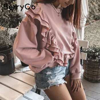 BerryGo Spusti-ramo rokav ogrlicom majica ženske Priložnostne svoboden roza puloverju jeseni leta 2020 Kratek crewneck za ženski pulover 174835