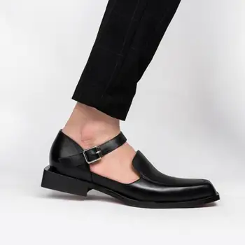 Pravega Usnja Sandali Poletje Moških Obleko, Čevlje, Modno Kvadratnih Toe poslovnih sandali Votlih Dihanje Britanski Trend Moški Sandali