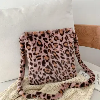 Leopard Plišastih Ramo Torbe za Ženske Jeseni in Pozimi Moda za Ženske Vintage Torbice Ženske, Velike Zmogljivosti, Messenger Bag