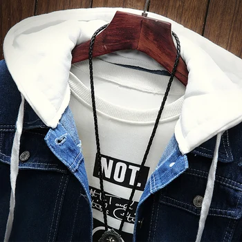 Moške traper suknjič 2019 šivanje ponaredek dva kosa luknjo vezenje hooded suknjič moda za moške hip hop priložnostne svoboden jakna S-3XL