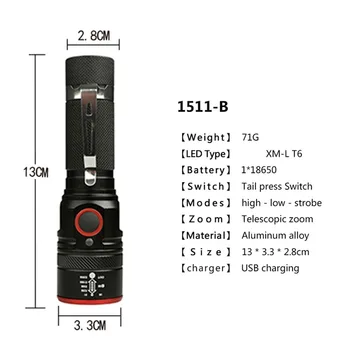 Yunmai USB Polnilna Svetilka T6 Led Bliskavica, Zoomable 3 načini baklo za 18650 z USB kablom Kampiranje, ribolov, tek