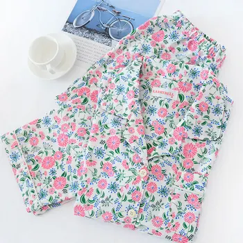 Koreja Sveže Cvetje Pajama Določa Žensk Gaza Bombaž Dolg Rokav Priložnostne Sleepwear Pižame Femme Pomlad Pijama Mujer 2020 Nova