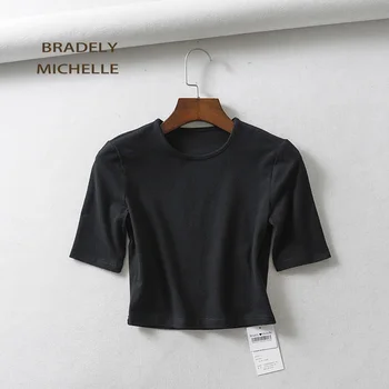 BRADELY MICHELLE crop zgornji deli oblačil za ženske 2018 Seksi ženska čistega bombaža o-vratu half-length sleeve solid elastičnost majica