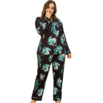 DOIB Ženske Plus Velikost Pižame Določa Umetno Silk Black River Listov Tiskanje Velikih Velikosti More Kratek Rokav Hlače Ženske Sleepwear