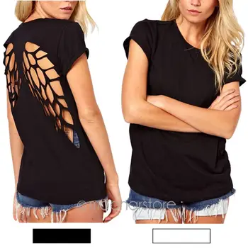 Priložnostne Ženska Punk Laser Backless Votlih Angel Krila izrežemo Vrhovi T-shirt