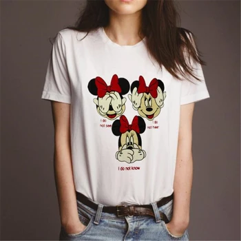 Strip Disney Minnie Miško T-shirt Poletje Ženske Kratek Rokav T-shirt Ženska Oblačila Moda Belo Črn Dekle Priložnostne Tees Vrhovi
