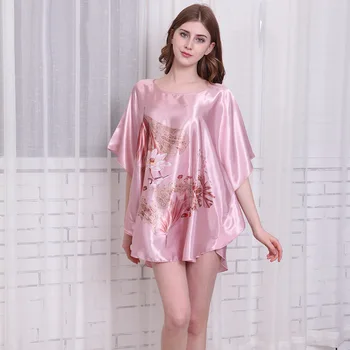 JIAYAN Ženske Svile Seksi Nightdress Pižamo Poletje Rajon Kopalne Obleke Lotus Črnilo Tiskanje Plus Velikost Nightgown Novo V Modni 2020
