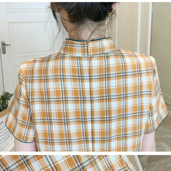 Plus Velikost M-4XL Rumena Preverite Svoboden Moda Sodobne Cheongsam Obleka Ženske Kratek Rokav Qipao Tradicionalna Kitajska Oblačila
