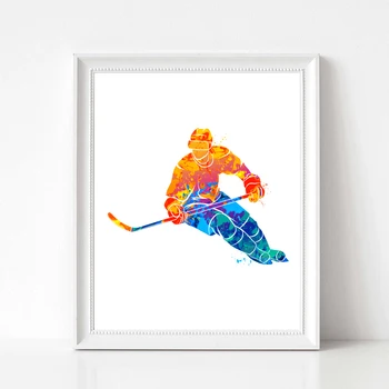 Akvarel Zimski Šport Plakat Wall Art Platno Slikarstvo Igralec Hokejist Splash Natisne Hokejski Vratar Ilustracije Doma Dekor